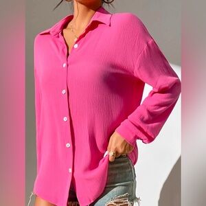 SHEIN PETITE Drop Shoulder Button Front Shirt
